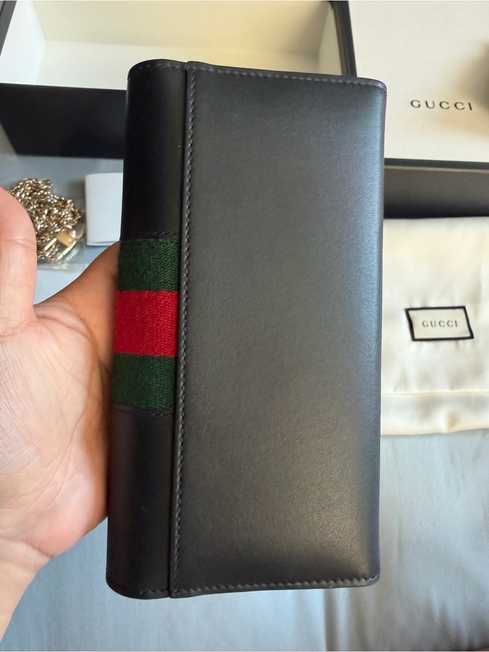 Gucci Black Leather Wallet with Green and Red Web Stripe and Gold Hardware - Picture 10 of 12